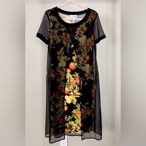 Joseph Ribkoff Black Mesh Dress with Orange & Green Fruit Print